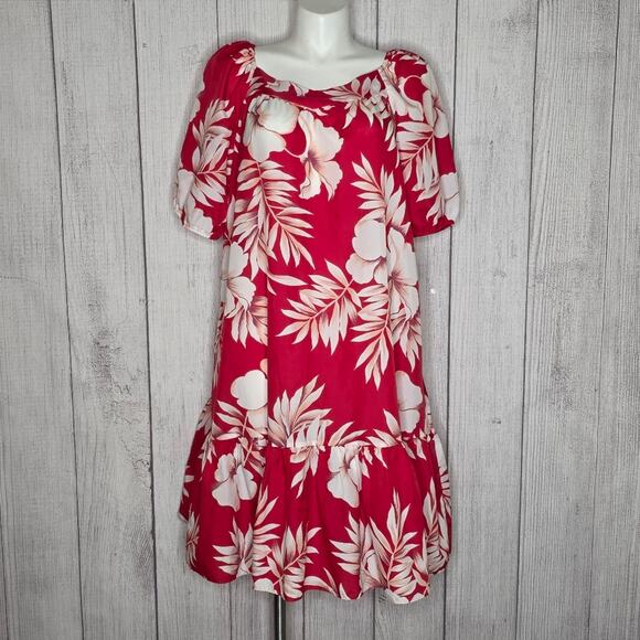 VTG 90s Y2K Hilo Hattie Muumuu Dress XL Red Floral Hawaiian Off Shoulder Aloha - Picture 1 of 6